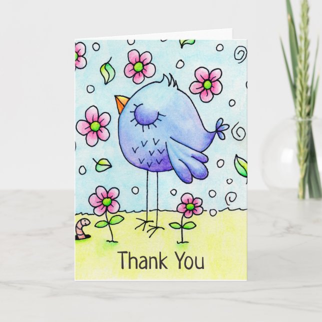 Tarjeta De Agradecimiento Flores Y Aves Azules Brillantes (Anverso)