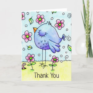 Tarjeta De Agradecimiento Flores Y Aves Azules Brillantes