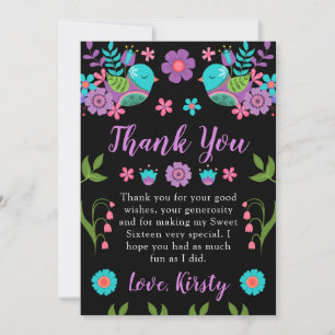 Tarjeta De Agradecimiento Flores y Pájaros Bonitos y Rústicos Cumpleaños 16