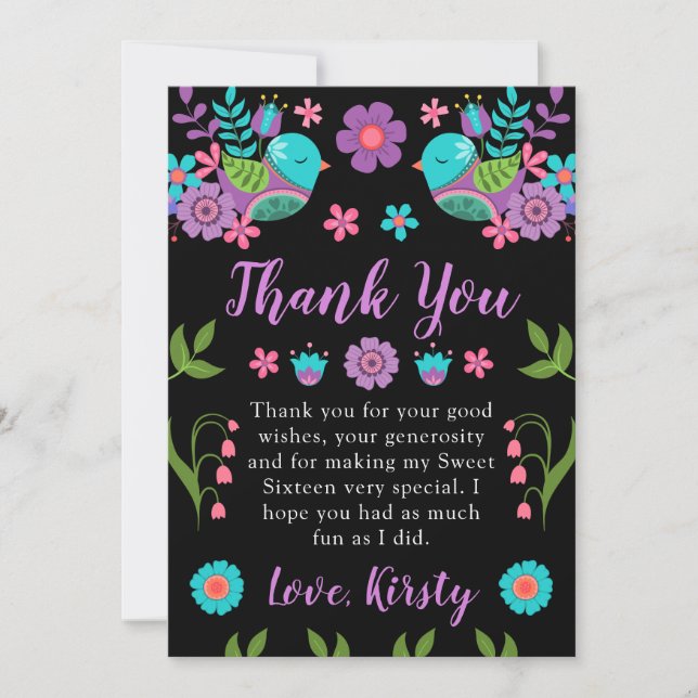 Tarjeta De Agradecimiento Flores y Pájaros Bonitos y Rústicos Cumpleaños 16 (Anverso)