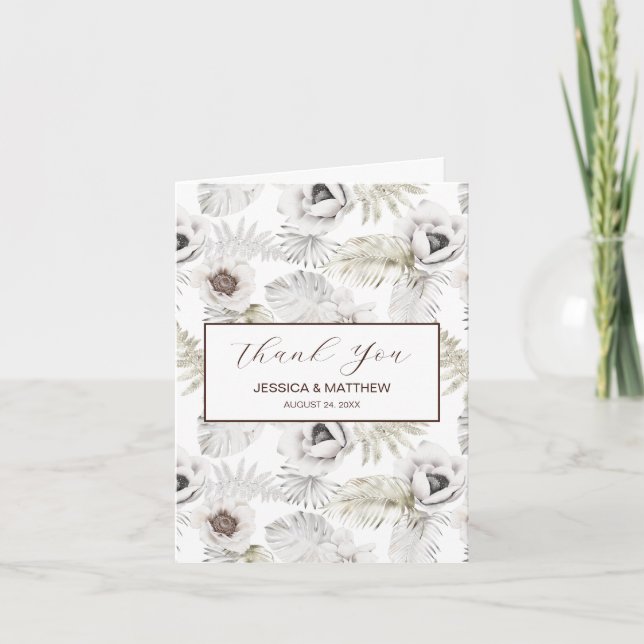 Tarjeta De Agradecimiento Flores y plumas blancas (Anverso)