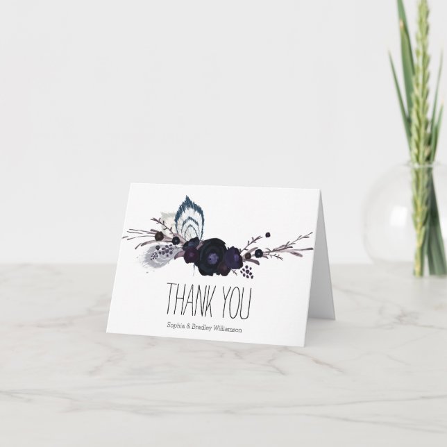 Tarjeta De Agradecimiento Flores y plumas moradas Gracias (Anverso)