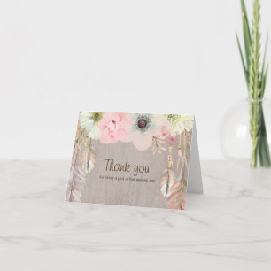 Tarjeta De Agradecimiento Flores y plumas tribales rusas boho