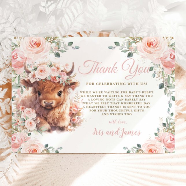 Tarjeta De Agradecimiento Fluffy Highland Cow Rosa Rubor Floral Baby Shower (Subido por el creador)