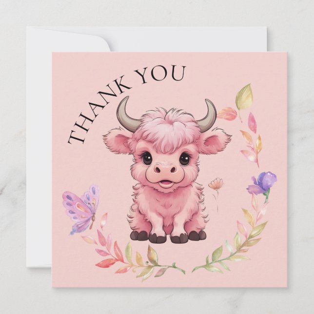 Tarjeta De Agradecimiento Fluffy Pink Highlands Scottish Cow (Anverso)