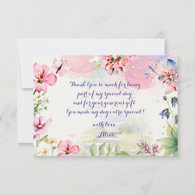 Tarjeta De Agradecimiento Flutter y girar Jardín de hadas cumpleaños acuarel (Anverso)