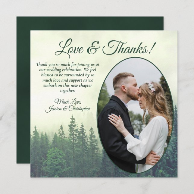 Tarjeta De Agradecimiento Foggy Green Pine Trees un Boda ruso oval foto (Anverso / Reverso)