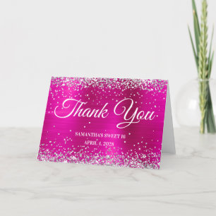 Tarjeta De Agradecimiento Foil Rosa Caliente Purpurina Plateada Dulces 16
