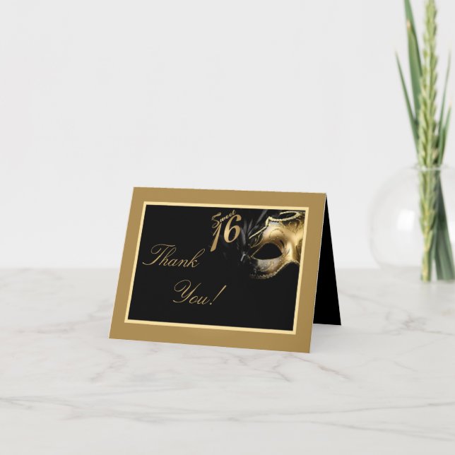 Tarjeta De Agradecimiento Folded Gracias Card Sweet 16 Gold Black (Anverso)