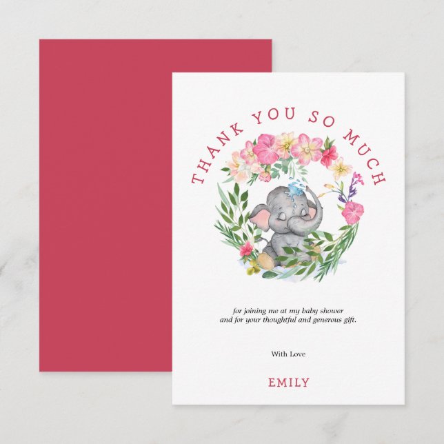 Tarjeta De Agradecimiento Foliage Cute Elephant Florals Baby Shower rosa (Anverso / Reverso)