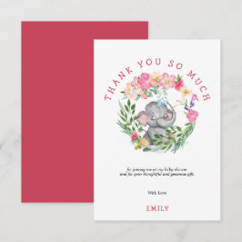 Tarjeta De Agradecimiento Foliage Cute Elephant Florals Baby Shower rosa