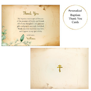 Tarjeta De Agradecimiento Foliage de pergamino beige vintage Bautismo ortodo