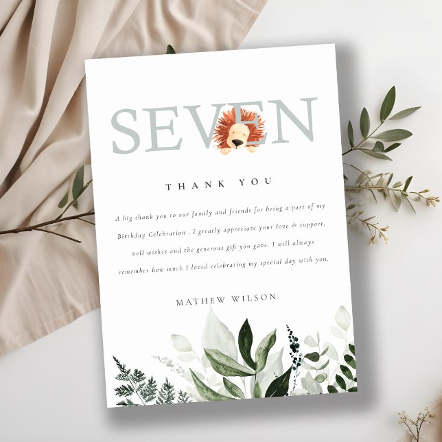 Tarjeta De Agradecimiento Foliage del León Cute Boho Séptimo Cumpleaños (Subido por el creador)