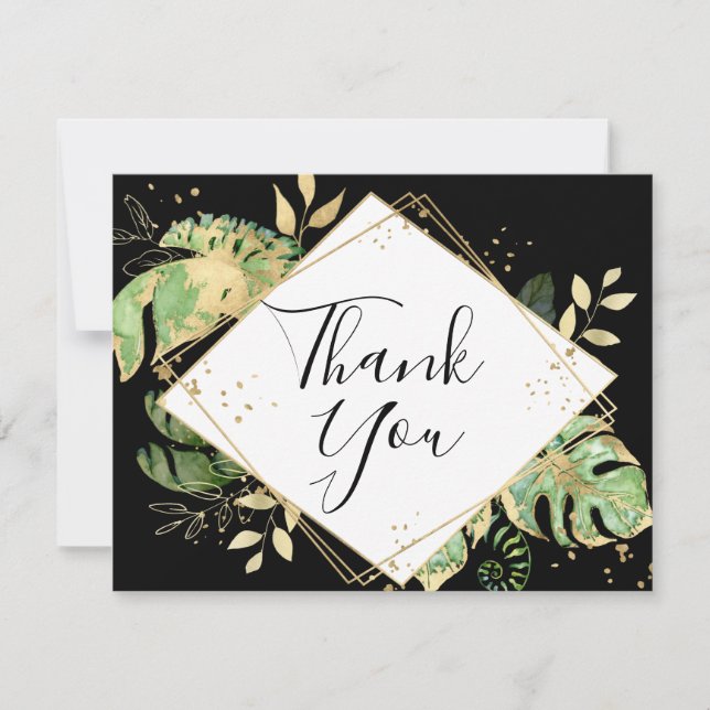 Tarjeta De Agradecimiento Foliage tropical geométrico negro y oro (Anverso)