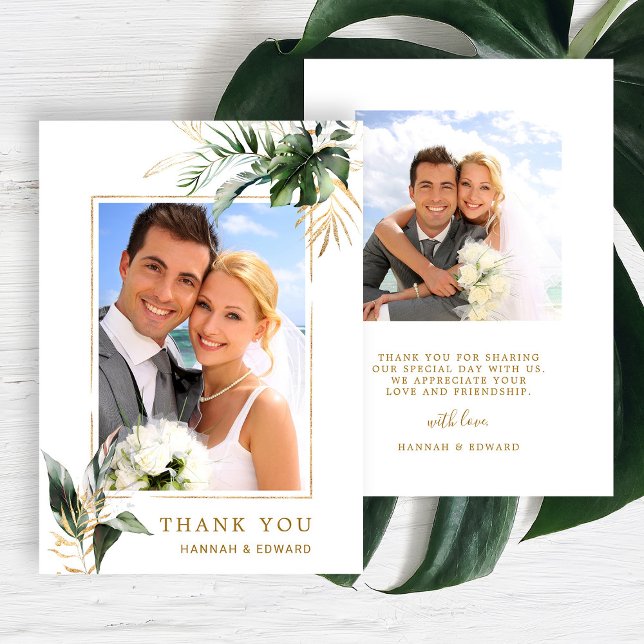 Tarjeta De Agradecimiento Foliage Tropical Gold Boda Foto (Front & Back)