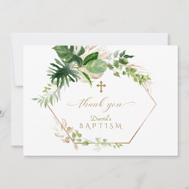Tarjeta De Agradecimiento Foliage Tropical Lush Cross Boy Baptism (Anverso)