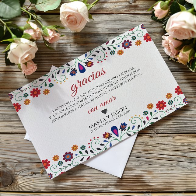 Tarjeta De Agradecimiento Folk Art Floral Botanical Fiesta Spanish Wedding (Folk Art Floral Botanical Fiesta Spanish Wedding Thank You Card)