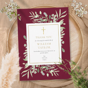 Tarjeta De Agradecimiento Follaje conmemorativo funerario burgundy cristiano