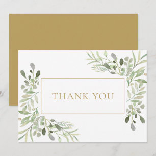 Tarjeta De Agradecimiento Follaje verde acuarela dorado 