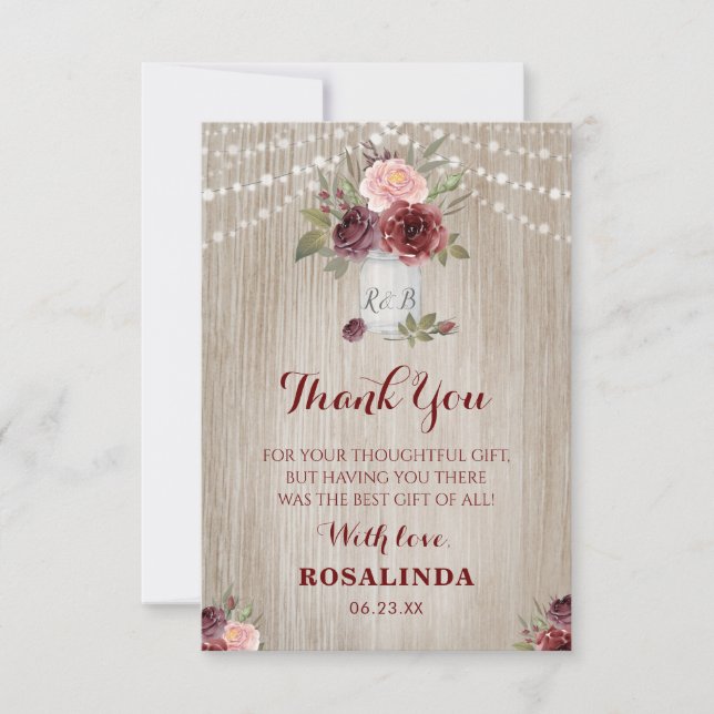 Tarjeta De Agradecimiento Fondo de Madera Rojo Floral Rústica Bridal Shower (Anverso)