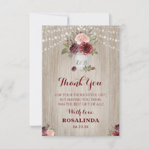 Tarjeta De Agradecimiento Fondo de Madera Rojo Floral Rústica Bridal Shower