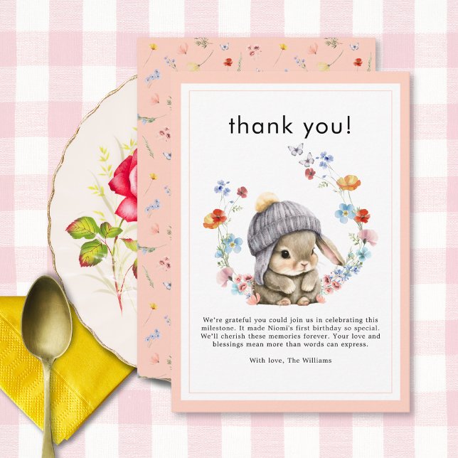 Tarjeta De Agradecimiento Forest Animal Bunny Botanical 1st Birthday  (Forest Animal Bunny Botanical 1st Birthday Thank You Card 2)