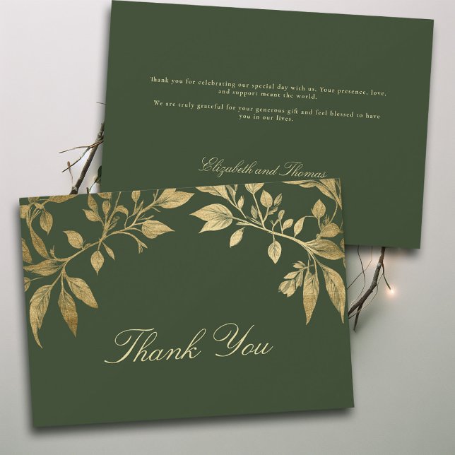 Tarjeta De Agradecimiento Forest Foliage Botanical Elegant Script Wedding (Forest Foliage Botanical Photo Wedding thank you card Enchanted Magical Fairy Tale Moody Gold)