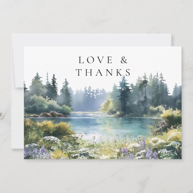Tarjeta De Agradecimiento Forest Lakeside Wildflowers Floral Wedding Photo (Anverso)