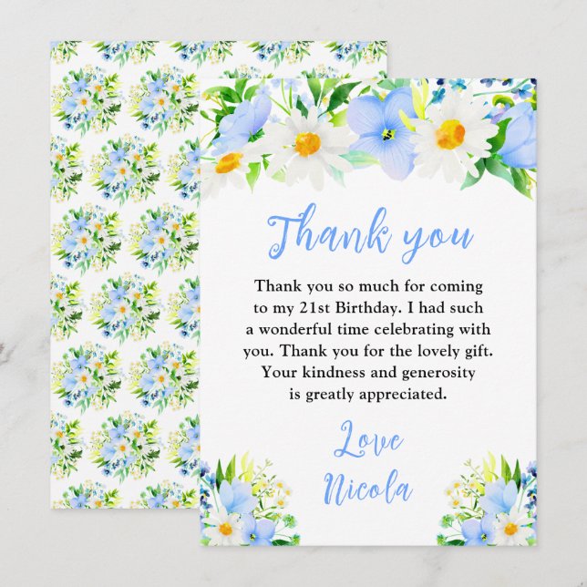 Tarjeta De Agradecimiento Forget-Me-Nots and Daisies Floral Birthday (Anverso / Reverso)