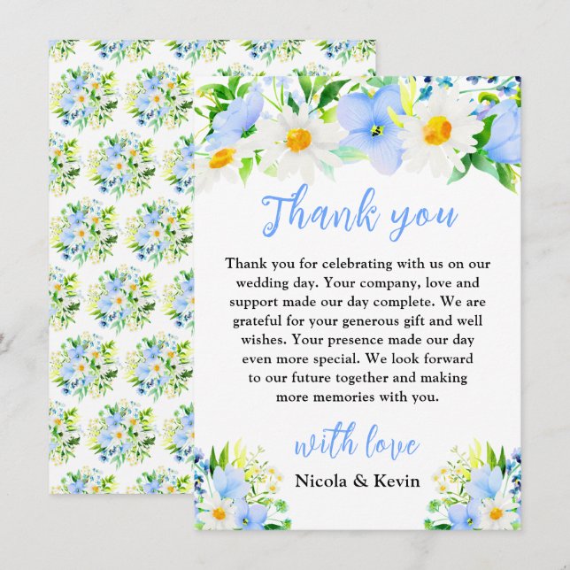 Tarjeta De Agradecimiento Forget-Me-Nots and Daisies Floral Wedding (Anverso / Reverso)