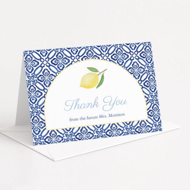 Tarjeta De Agradecimiento Forma de Arco Elegante Limones de Amalfi Desayuno  (Lemons thank you card with blue tiles and modern arch detail)