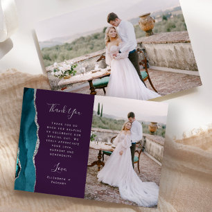 Tarjeta De Agradecimiento Foto Agata Azul Teal Morado Plata Escritura Boda