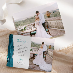 Tarjeta De Agradecimiento Foto Agata Azul Teal Plata Escritura Gris Boda