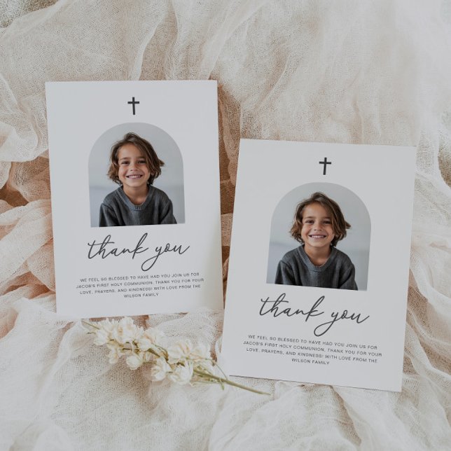 Tarjeta De Agradecimiento Foto arqueada Primera Comunión Niño Gracias (Zazzle Arched Photo First Communion Boy Thank You)