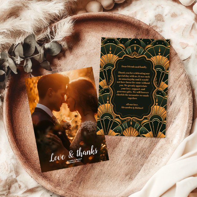 Tarjeta De Agradecimiento Foto Art Deco Boda Diamond Gold y Green (Subido por el creador)
