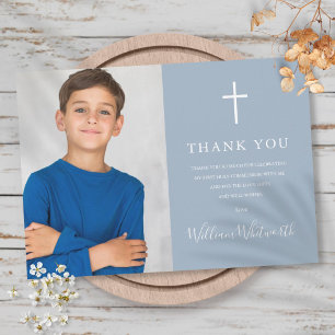 Tarjeta De Agradecimiento Foto Azul Polvoriento Primera Comunión