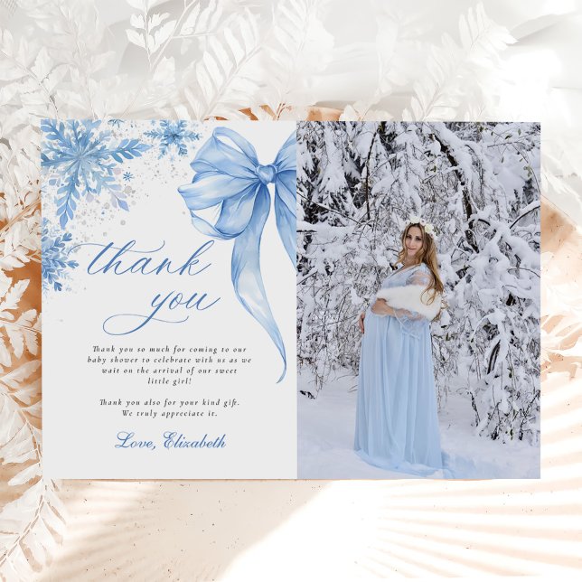 Tarjeta De Agradecimiento Foto Baby Shower de Winter Blue Bow Snowflakes (Subido por el creador)