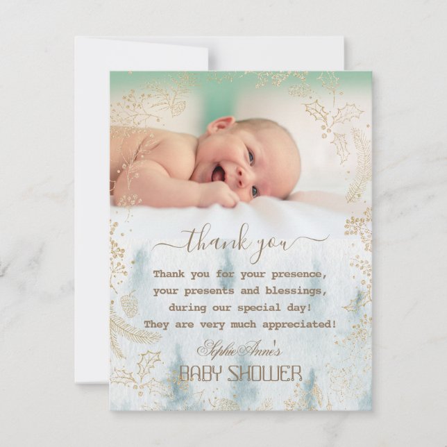 Tarjeta De Agradecimiento Foto Baby Shower de Winter Gold Frame Forest (Anverso)