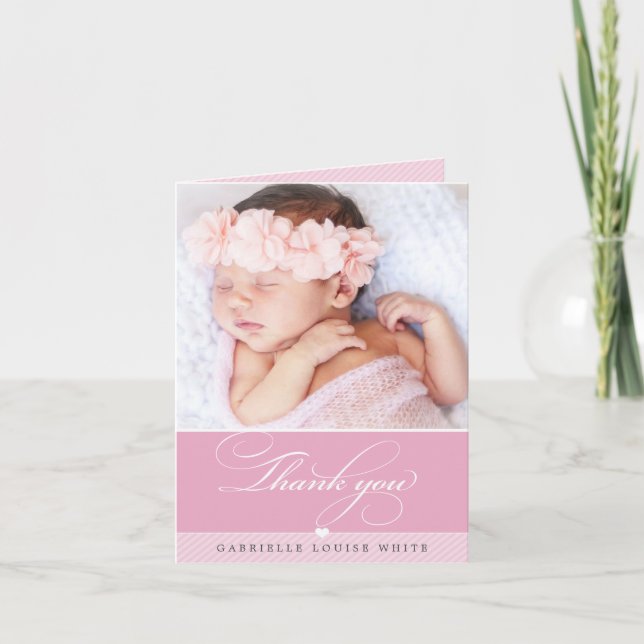 Tarjeta De Agradecimiento FOTO BEBÉ elegante caligrafía elegante bonito rosa (Anverso)