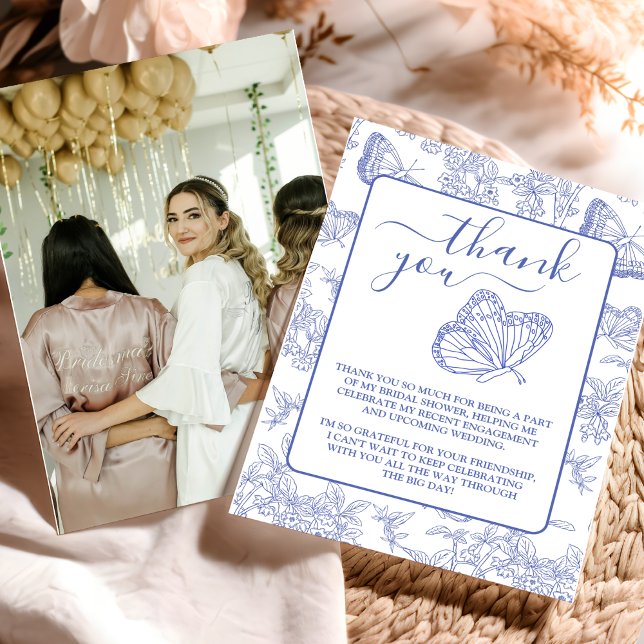 Tarjeta De Agradecimiento Foto Blue Chinoiserie Floral Bridal Shower (Subido por el creador)