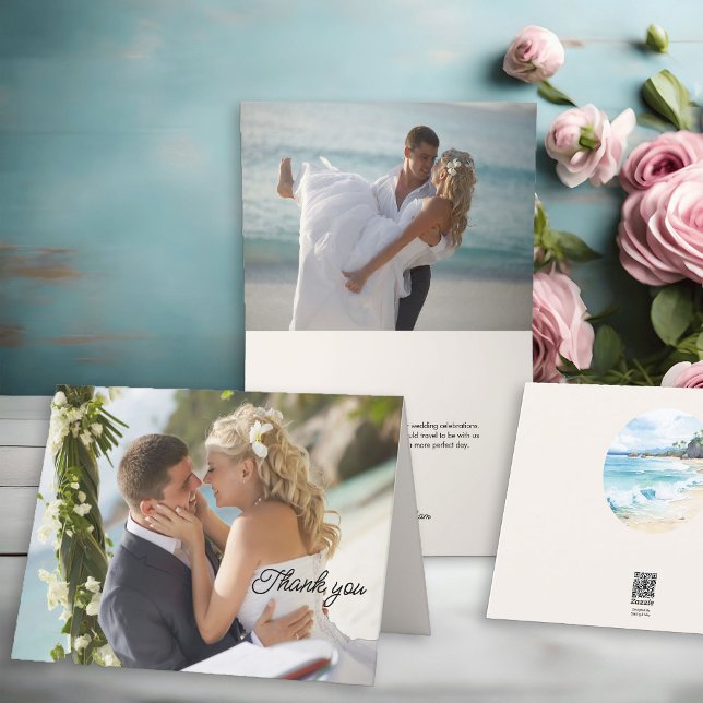 Tarjeta De Agradecimiento Foto boda 2 Foto de playa temática (Wedding photo thank you cards from the Summer Beach Wedding Collection by Darling & May)