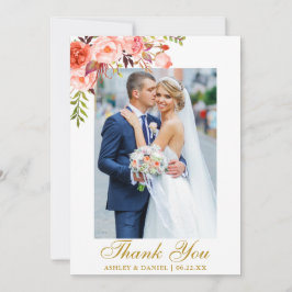 Tarjeta De Agradecimiento Foto boda acuarela Coral Floral Gold