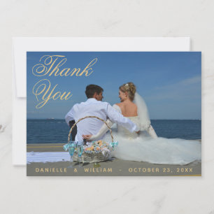 Tarjeta De Agradecimiento Foto Boda Caligrafía Elegante Script Azul Oro