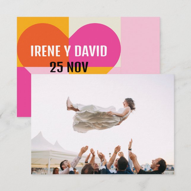 Tarjeta De Agradecimiento Foto Boda Corazón Naranja y Rosa Gracias (Anverso / Reverso)