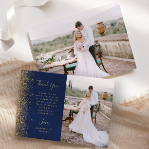 Tarjeta De Agradecimiento Foto Boda Escritura Brillo Azul Marino Dorado