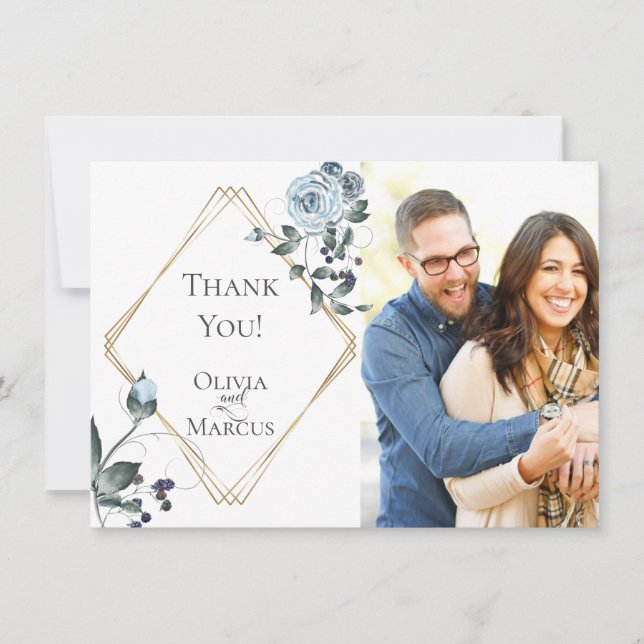 Tarjeta De Agradecimiento Foto boda Gracias | Floral azul turbia (Anverso)