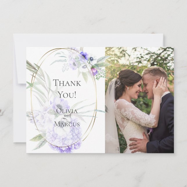 Tarjeta De Agradecimiento Foto boda Gracias | Floral violeta anémona (Anverso)
