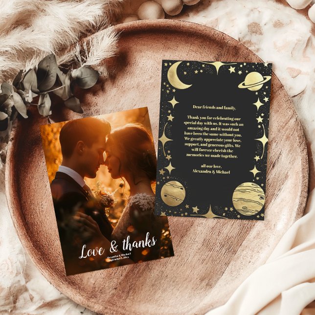 Tarjeta De Agradecimiento Foto Boda Media Luna Negra Celestial Dorado (Subido por el creador)