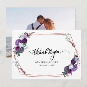 Tarjeta De Agradecimiento Foto boda Morado Floral Geométrica
