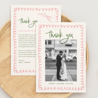 Tarjeta De Agradecimiento Foto Boda verde y rosa dibujada a mano